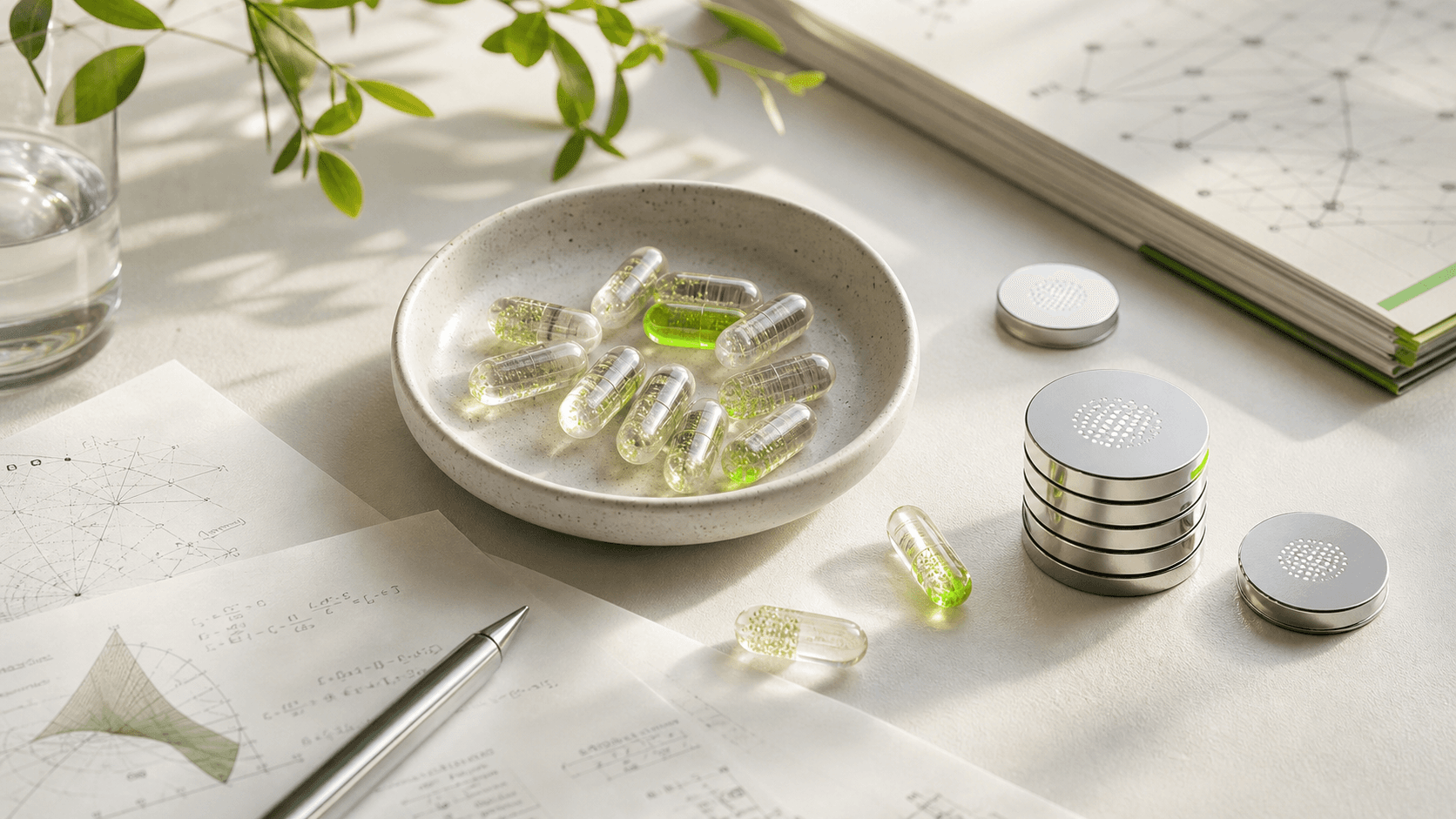Editorial still life of AI research notes and vitamin capsules