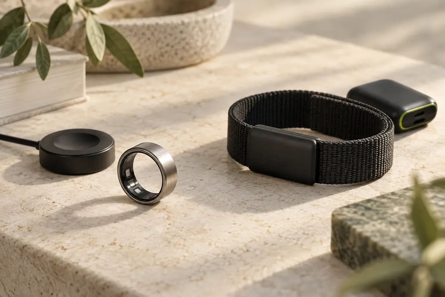 Editorial illustration of a generic titanium smart ring beside a screenless fitness band and their chargers.