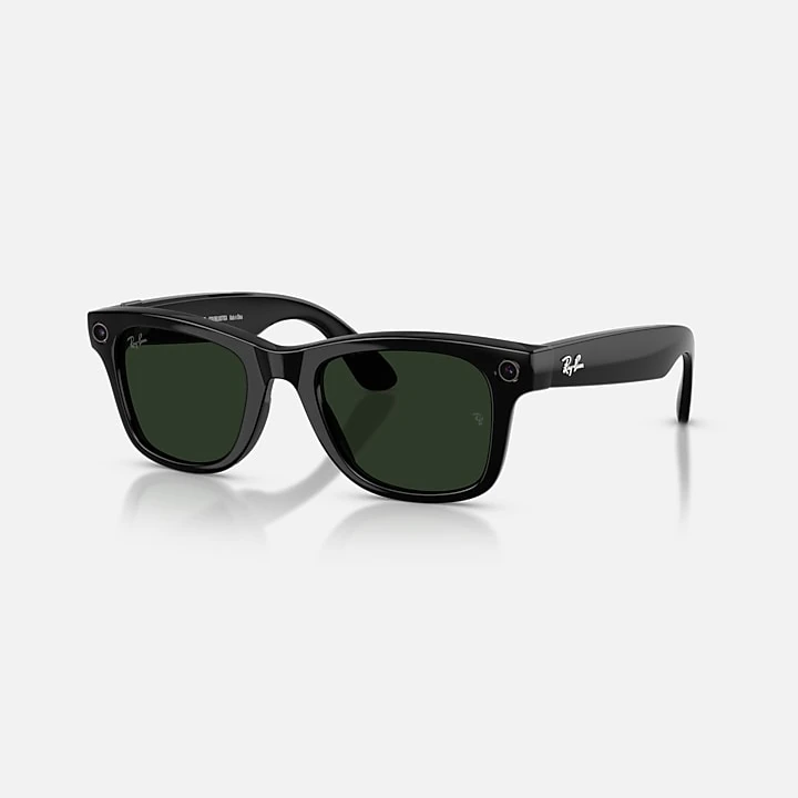 Ray-Ban Meta (Gen 2) Wayfarer glasses with the front-facing camera and capture-light positions visible.