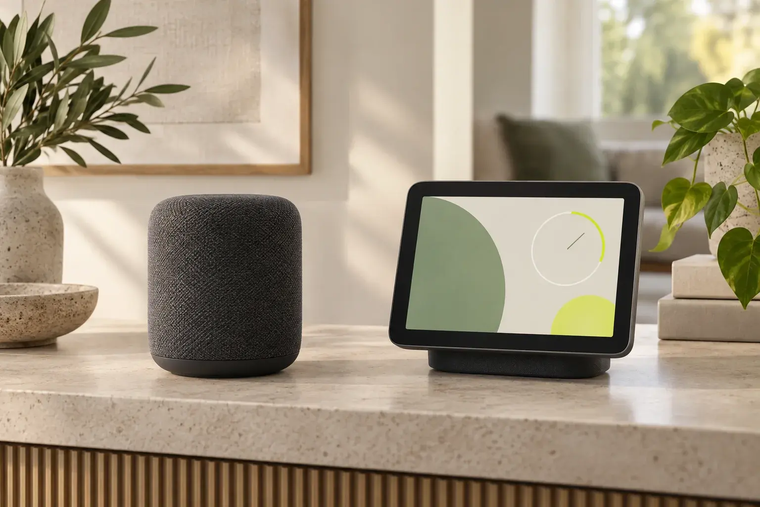 Generic smart speaker beside a smart display showing an abstract timer on a home console.
